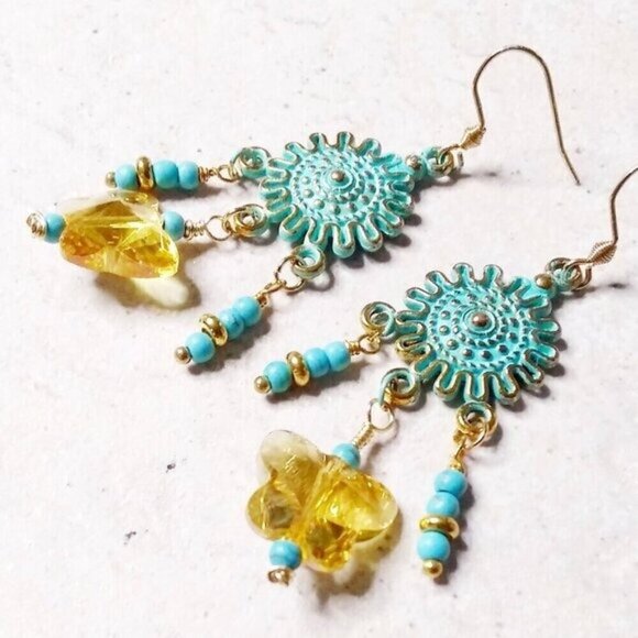 Upbeat! Boho! Playful Butterfly Chandelier Earrings! Yellow + Aqua + Turquoise - Picture 4 of 8